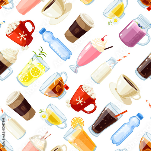 Seamless pattern with cartoon food: non-alcoholic beverages - tea, herbal tea, hot chocolate, latte, mate, coffee, root beer, smoothie, juice, milk shake, lemonade and so. Vector illustration.