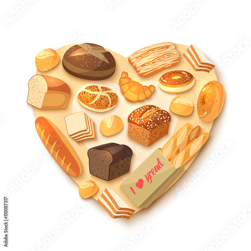 Heart-shaped bakery assortment with rye bread, ciabatta, wheat bread, whole grain bread, bagel, sliced bread, french baguette, croissant and so. Vector illustration, isolated on white, eps 10.