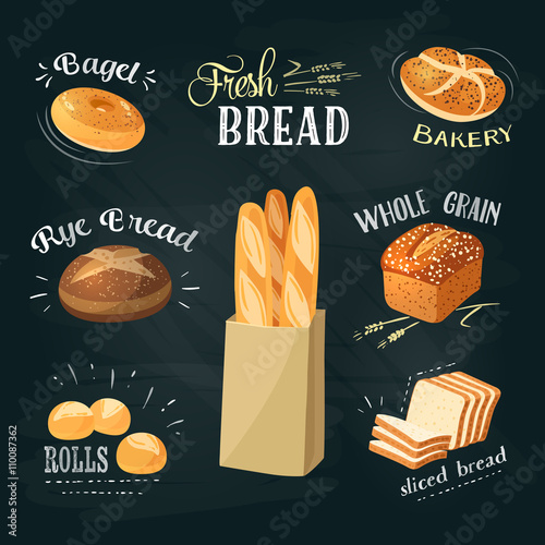 Chalkboard bakery ADs set: bagel / bread / rye bread / ciabatta / wheat bread / whole grain bread / sliced bread / french baguette / croissant. Stylish bakery goods template. Vector illustration.