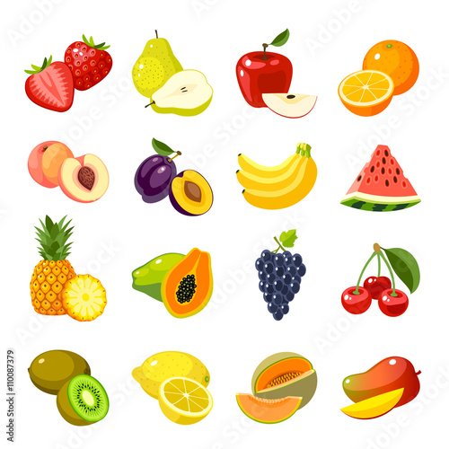 Set of colorful cartoon fruit icons  apple  pear  strawberry  orange  peach  plum  banana  watermelon  pineapple  papaya  grapes  cherry  kiwi  lemon  mango. Vector illustration  isolated on white.