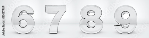 Transparent numbers 6, 7, 8, 9. Glass alphabet 3d render. Path save.
