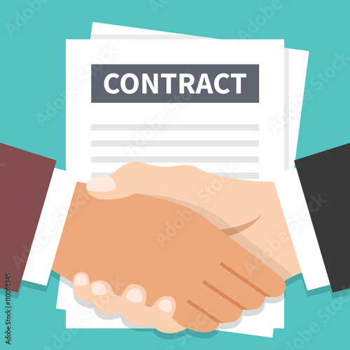 Businessmen handshake and contract flat illustration. Agreement, successful negotiation, partnership concepts. Vector illustration