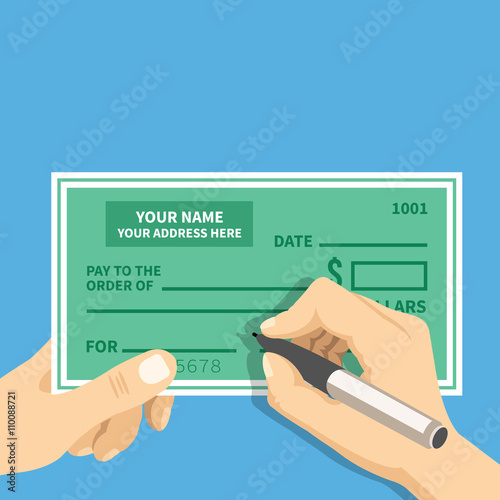 Man hands writing check. Hand hold bank check and hand hold pen filling check fields. Creative flat design vector illustration