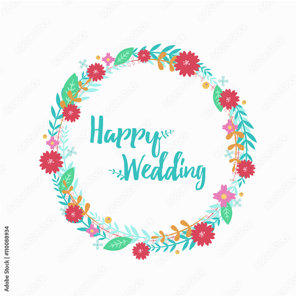 Wreath of flowers. Bridal wreath. Wedding decor vector flat illustration, spring beautiful flowers. Colorful bright flowers illustration. Vector design floral elements.