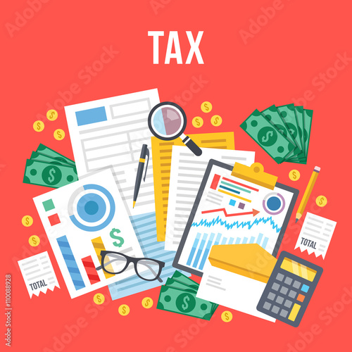 Tax calculation, budget calculation, accounting, paperwork concept. Top view. Modern flat design vector illustration