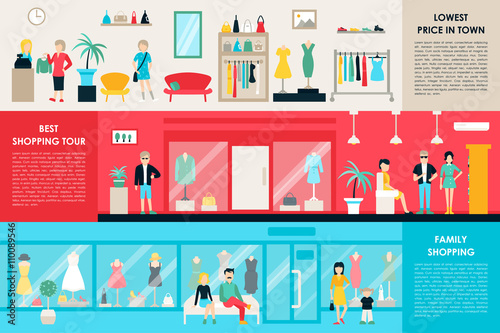 Shopping Center and Boutique Rooms flat shop interior concept web. Fashion Clothes Customers Mall Retail Purchase