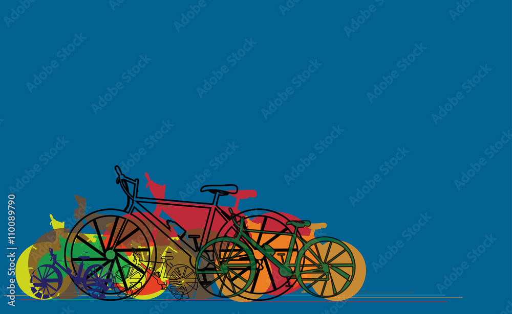 Fototapeta premium Bikes silhouette and linear colorful banner design , vibrant colorful bicycles , place for text, hand drawn stylish, concept vector illustration.