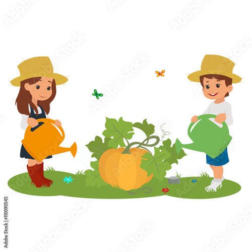 boy and girl watering the pumpkin. © trokerr