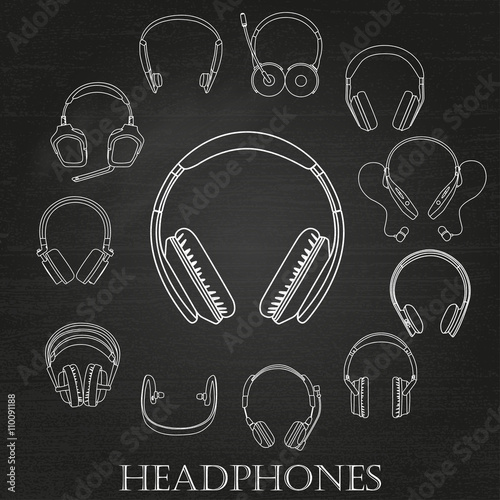 Headphone linear white Silhouettes Set on the chalkboard background,  vector illustration, eps 10.
