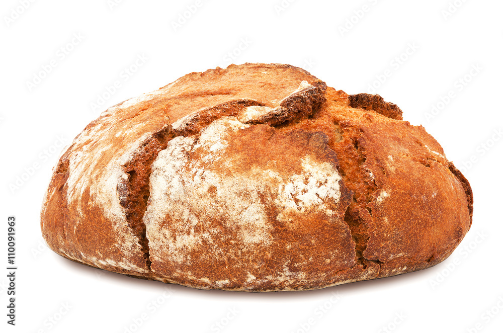Freshly baked loaf of traditional round rye bread isolated on white background. Design element for bakery product label, catalog print, web use. Freshly baked loaf of traditional round rye bread isolated on white background. Design element for bakery product label, catalog print, web use.