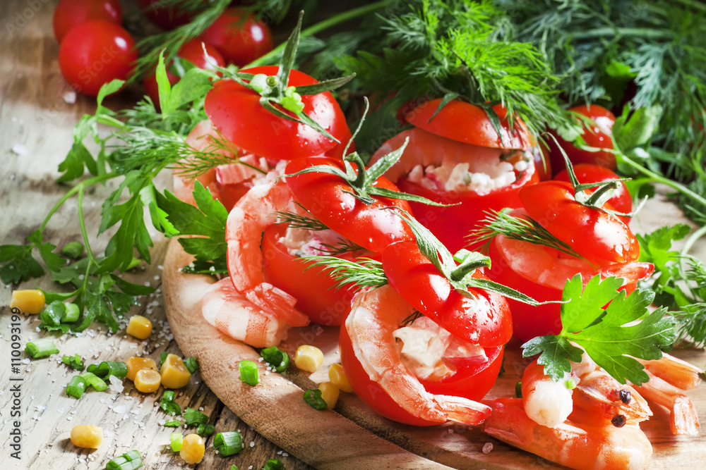 Fresh tomatoes stuffed with shrimp and corn, vintage wooden back