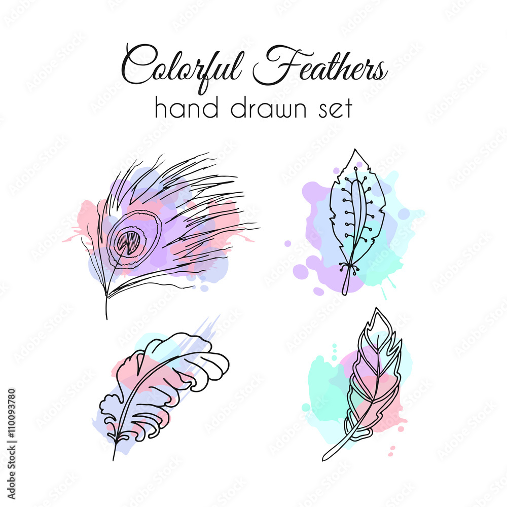 Obraz premium Vector feathers set. Hand drawn ethnic elements. Sketchy feather.