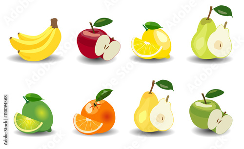 Set. Apples, bananas, pears, oranges, lemons and limes