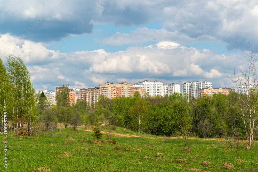 Natural summer landscape with the city in the distance