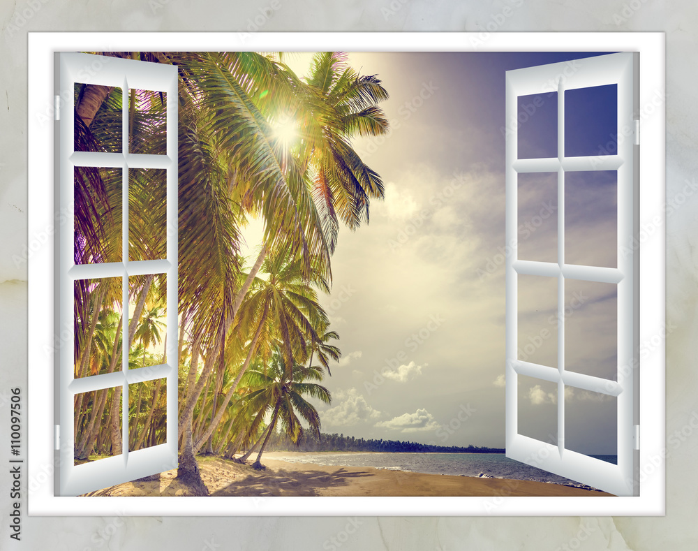 Fototapeta otwarte okno z dostępem do widoku na plażę palm