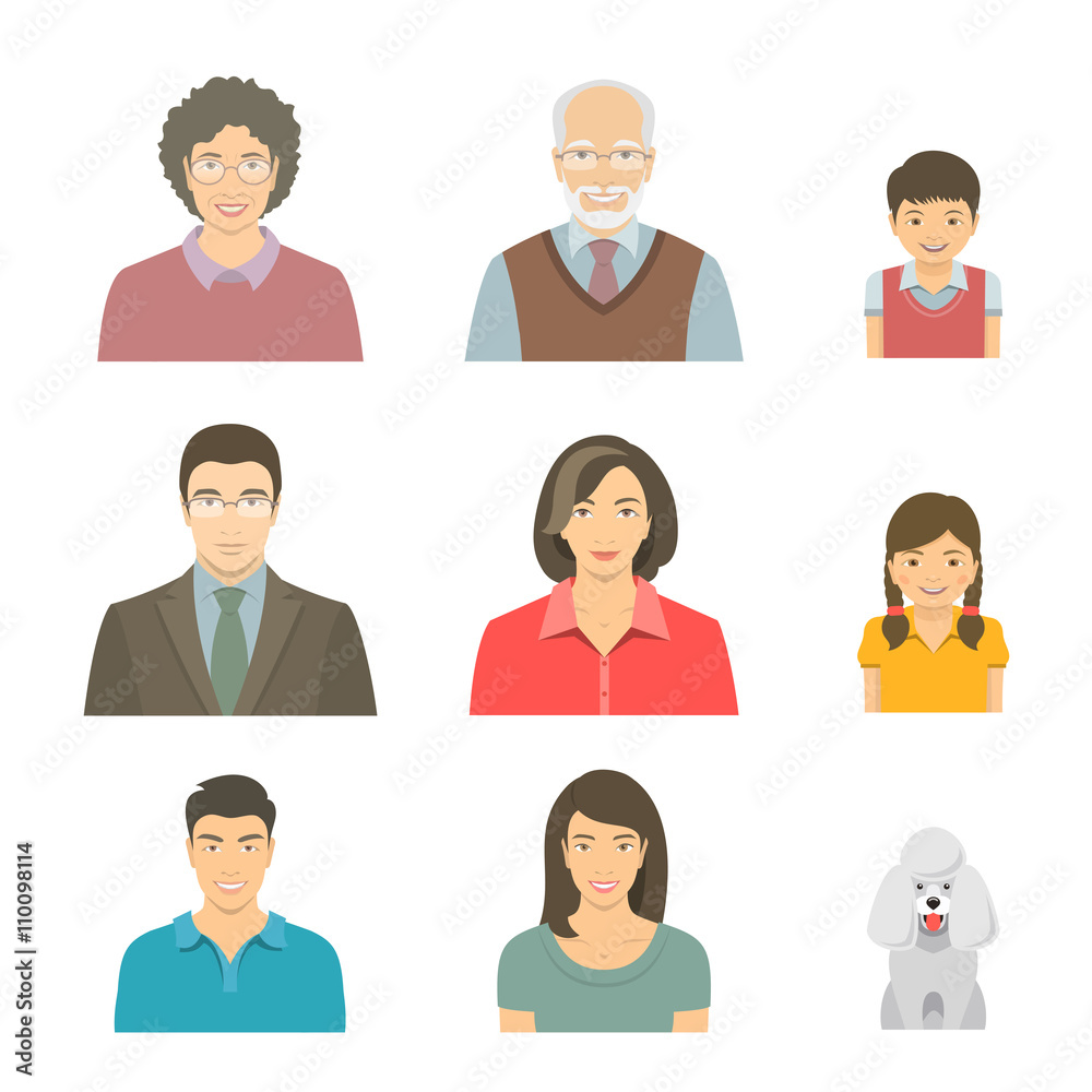 Asian family faces flat vector avatars set. Icons of three family generations, mother and father, sons and daughters, grandmother, grandfather and a dog. Family tree portraits infographic elements Asian family faces flat vector avatars set. Icons of three family generations, mother and father, sons and daughters, grandmother, grandfather and a dog. Family tree portraits infographic elements