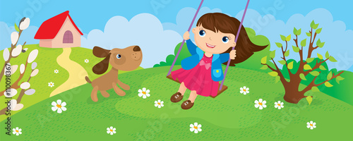 Fototapeta Naklejka Na Ścianę i Meble -  Girl Riding On Swing In Spring