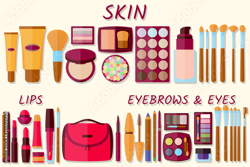 Flat icons collection. Decorative cosmetics for face, lips, skin, eyes, eyebrows and beautycase. Make up set. Vector illustration.