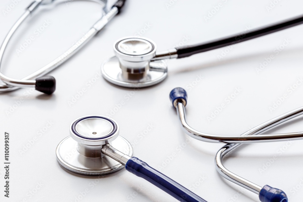 two modern stethoscope on white background two modern stethoscope on white background