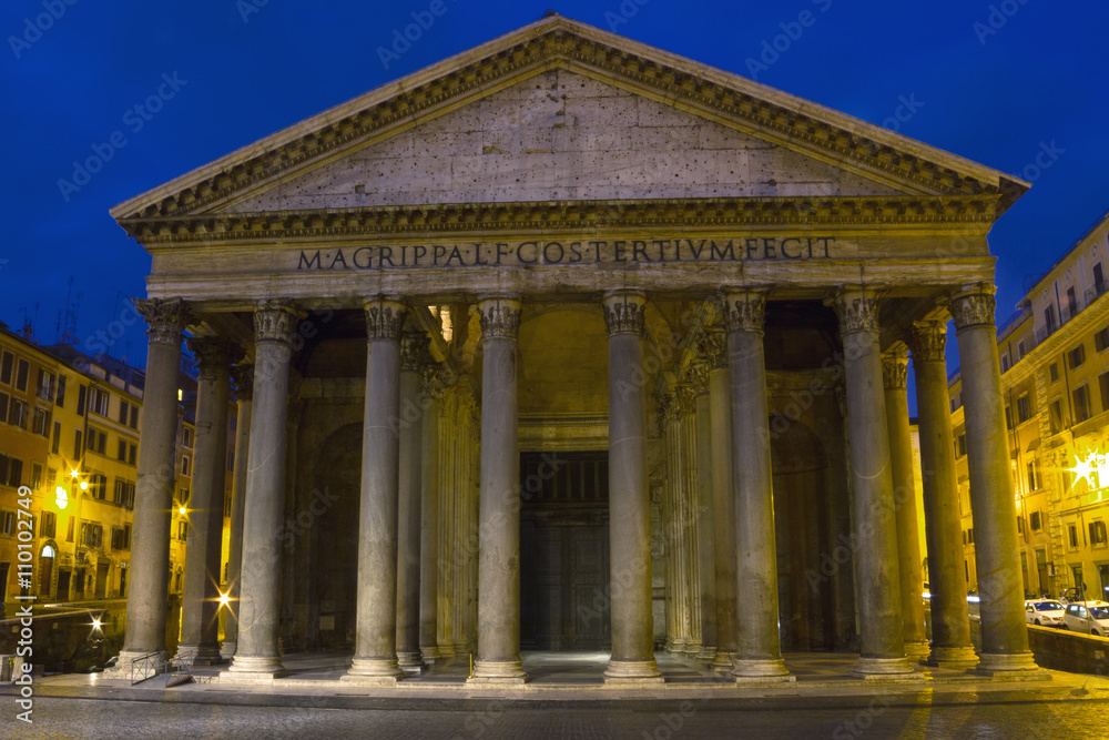 Facade of the Pantheon at the blue hour