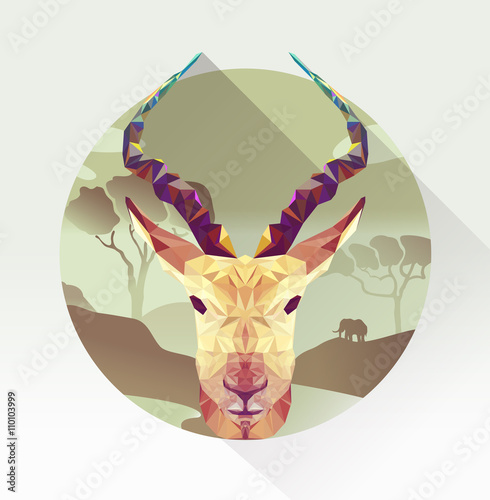 Vector springbok in polygon design. Antelope head in a landscape of africa. Triangle illustration animal. Geometric springbok low poly style. Flat gazelle icon.