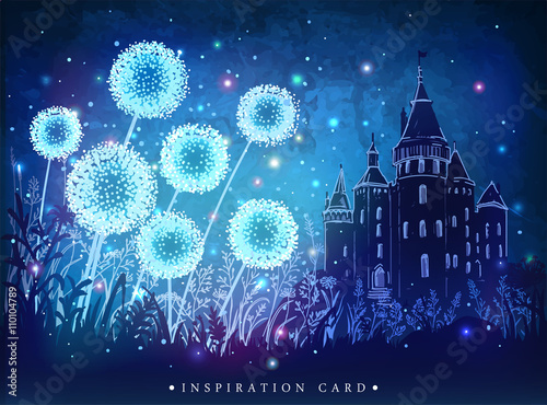 Amazing dandelions with magical lights of fireflies at night sky background. Magical fairytale castle Inspiration card 