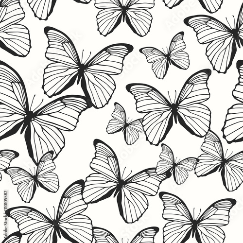 Seamless pattern with hand drawn outline butterflies © irenemuse