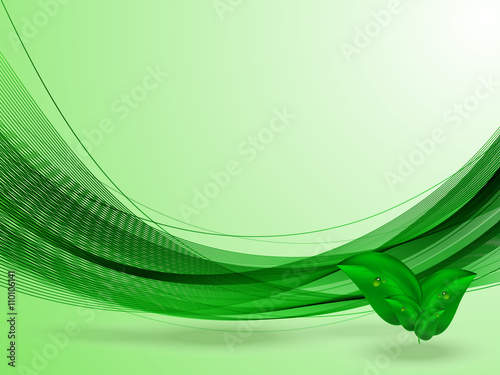 Abstract summer background with green lines, green leaves, vector illustration