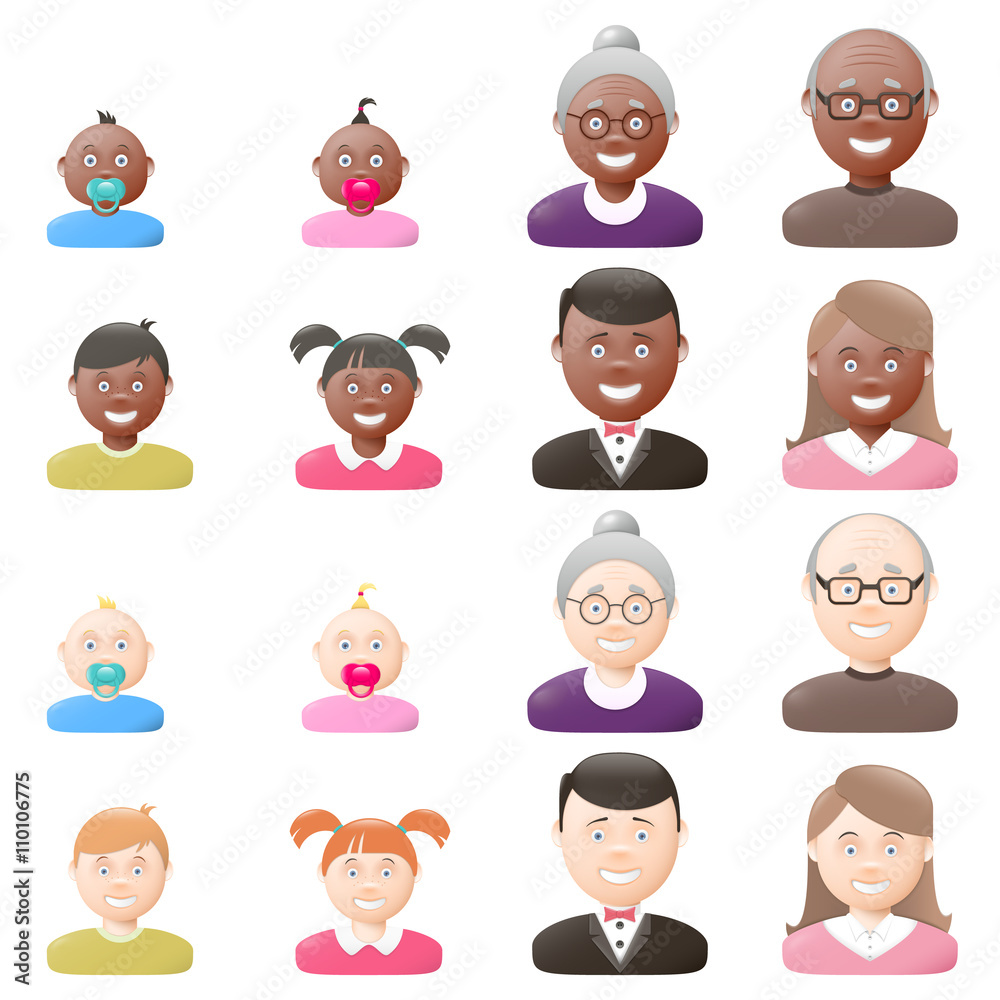 People with age groups, light and dark skin icon set