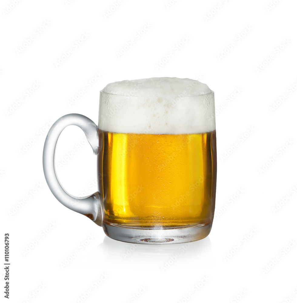 one mug fuul of fresh beer on white background with cut path