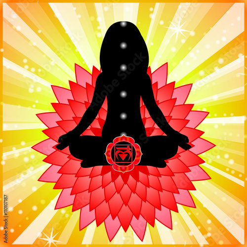 Meditating woman. Muladhara chakra activation.