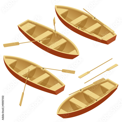 Rowing boat set. Wooden boat with paddles isolated over white. Flat 3d isometric vector illustration.