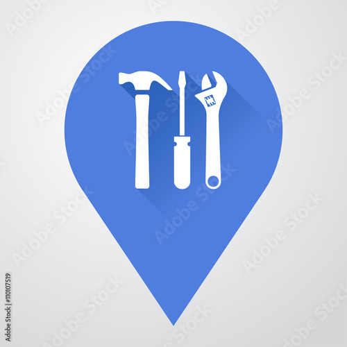Icono plano localizacion con herramientas con sombra