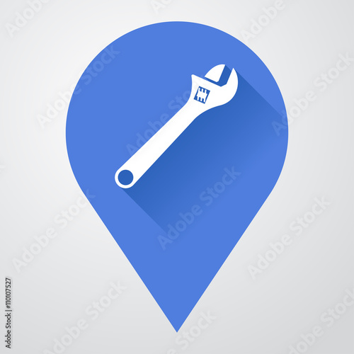 Icono plano localizacion con llave inglesa con sombra
