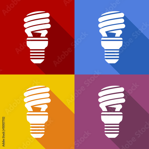 Icono plano bombilla de bajo consumo con sombra en varios colores
