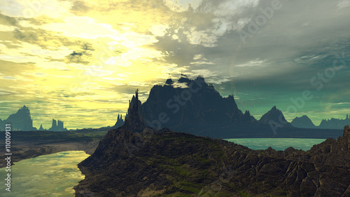 Fantasy alien planet. Rocks and lake. 3D illustration