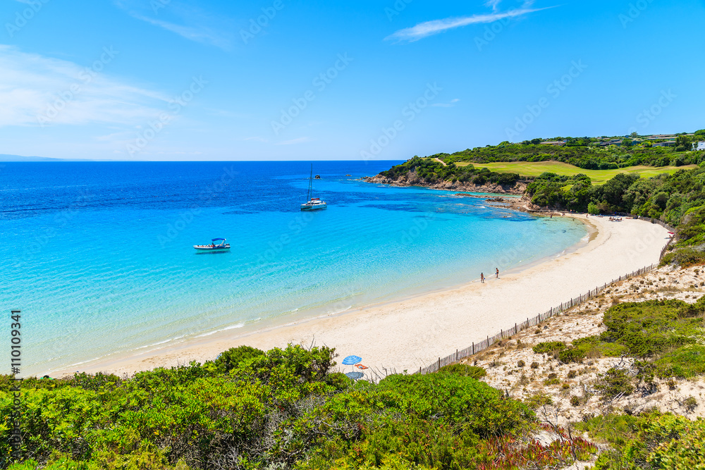 A view of stunning Grande Sperone beach with its crystal clear sea water, Corsica island, France