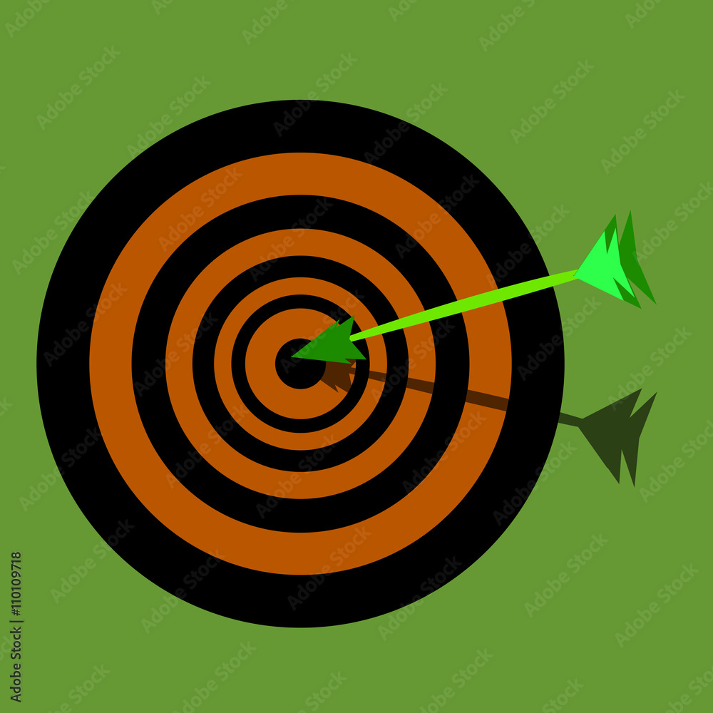 an arrow hit the center of the target, orange and black, green background an arrow hit the center of the target, orange and black, green background