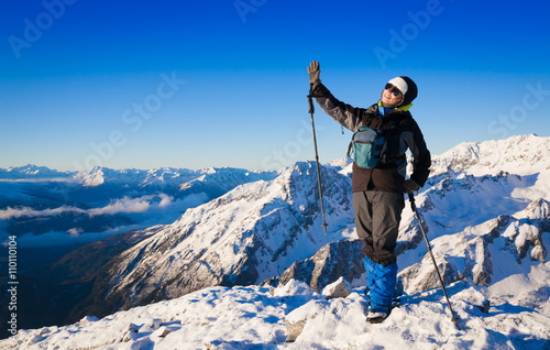 A woman in mountain day winter