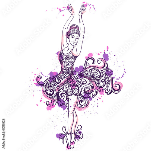 Ballerina with floral ornament dress and splashes in watercolor style. Vintage hand drawn vector illustration