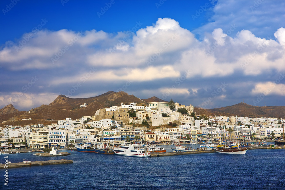 Greece. Cyclades Islands - Naxos. Naxos Town (Chora) - main harbour of the island with impressive Venetian Kastro (castle) on the top