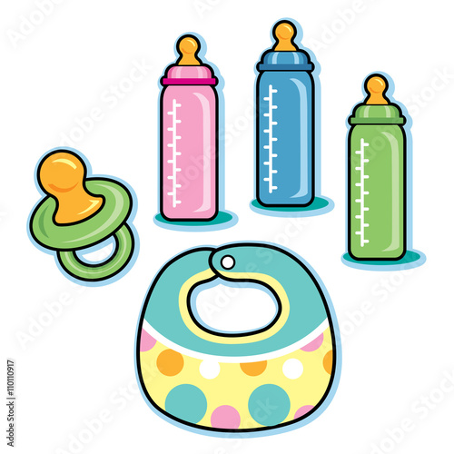 Baby care items including bib pacifier bottles