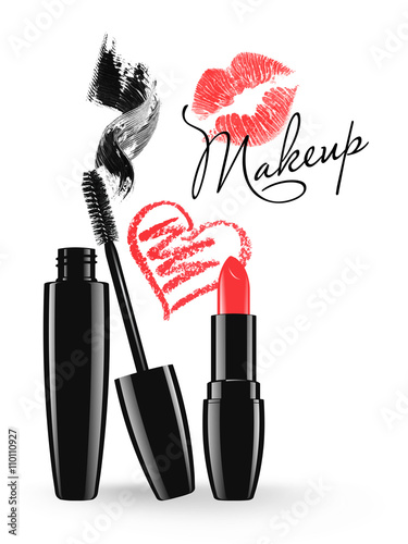 Makeup mascara tube, brush and stain, red lipstick and doodle heart isolated over white background. Cosmetic product design vector illustration