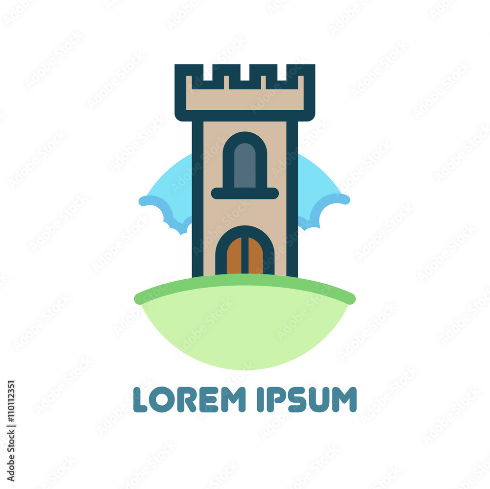 Emblem with Medieval Castle. Vector Illustration isolated on white background.