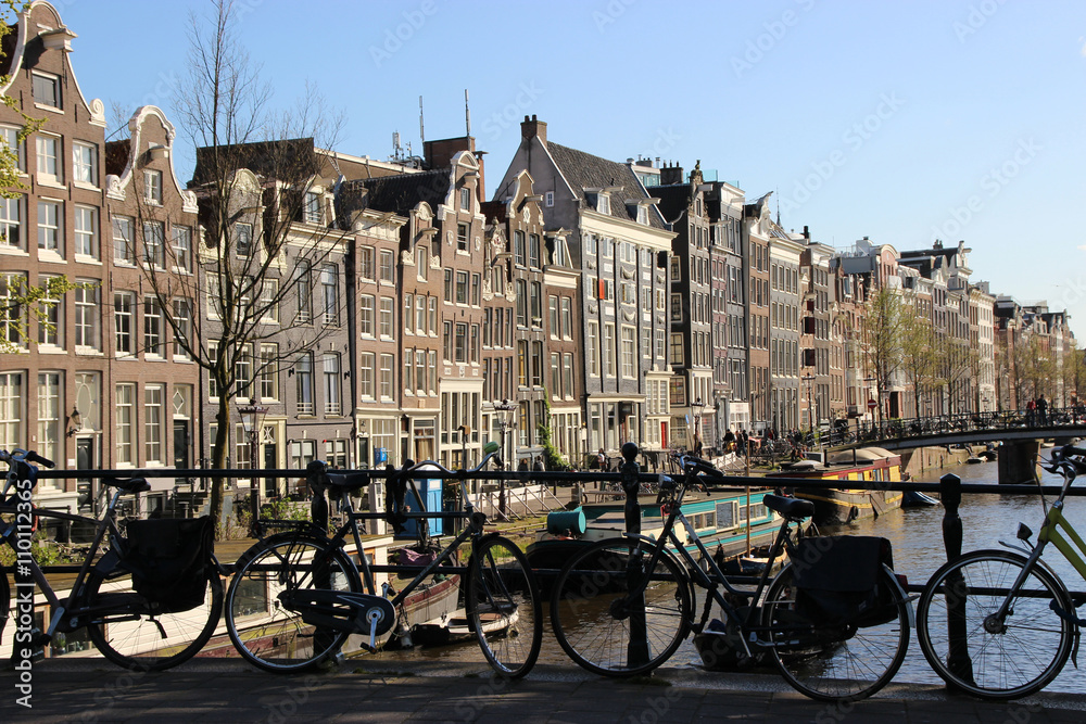 view of Amsterdam canals and typical dutch houses. Holland