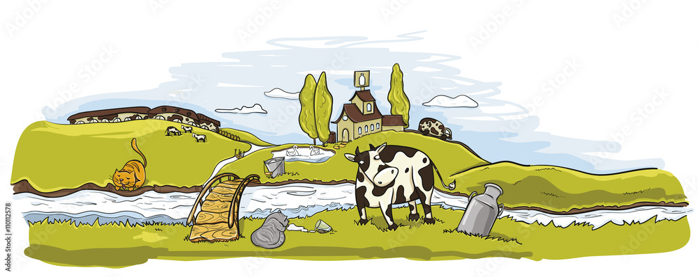 Фон. Молочные реки в природе. Молочная ферма, коровы. коты пьют молоко.  Векторный объект Stock | Adobe Stock
