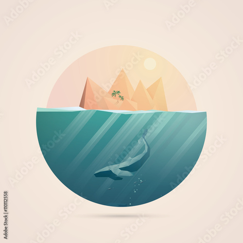 Summer background with underwater seascape scene and sunbeams in the ocean.