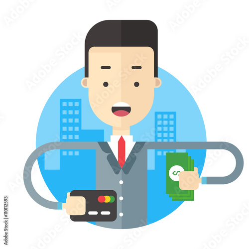 A man in suit holding a bundle of notes and a road map. Flat vector illustration