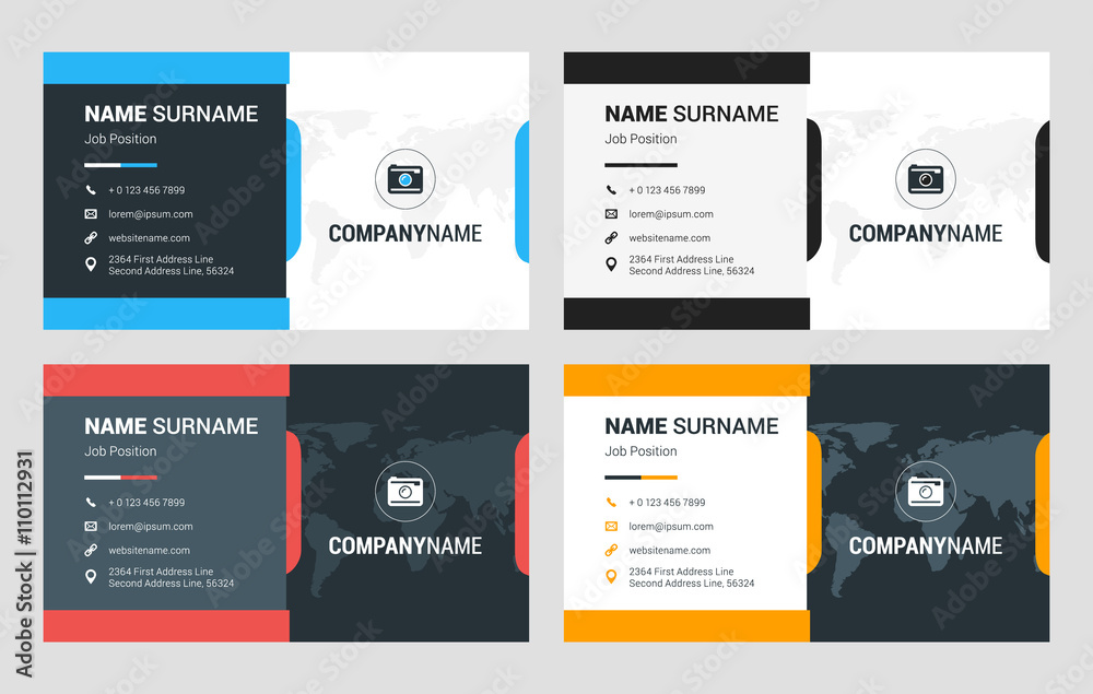 Business Card Vector Template. Flat Style Vector Illustration. Stationery Design. 4 Color Combinations. Print Template