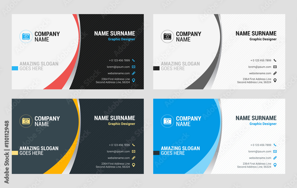 Business Card Vector Template. Flat Style Vector Illustration. Stationery Design. 4 Color Combinations. Print Template